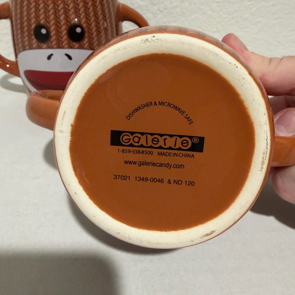 Sock Monkey Ceramic Two‎ Handle-Two Sided Coffee Mug Galerie, set of 2 #A116 - Picture 4 of 5